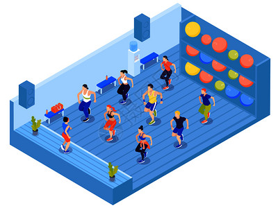 群人健身房氧运动,架子上五颜六色的健身球,三维等距矢量插图图片