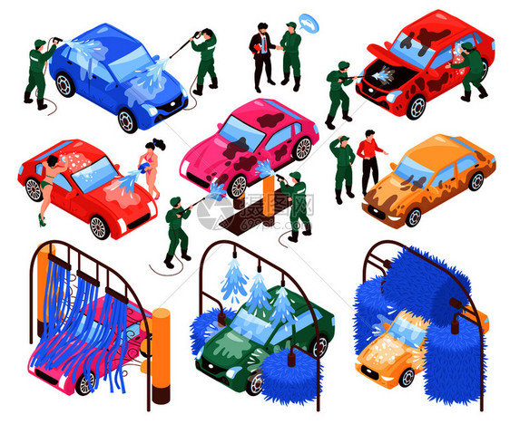 等距洗车服务集的孤立图像工人制服汽车空白背景矢量插图图片