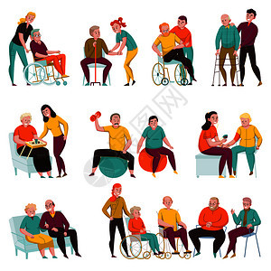 志愿者帮助老人残疾人养老院私人公寓平图标矢量插图图片