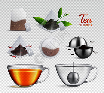 茶叶冲泡袋现实透明图标与同的元素透明背景矢量插图图片