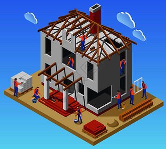 房屋建设阶段等距海报与工人队工作未完成的建筑矢量插图图片