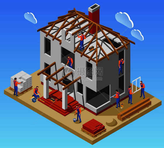 房屋建设阶段等距海报与工人队工作未完成的建筑矢量插图图片