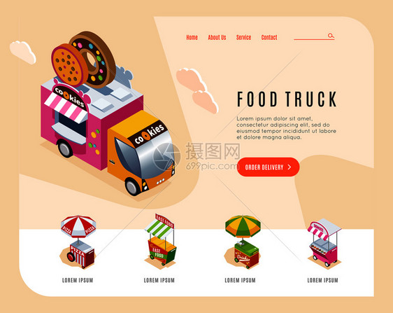 食品卡车广告着陆页与等距图像的街道货车手推车自动贩卖包店矢量插图图片