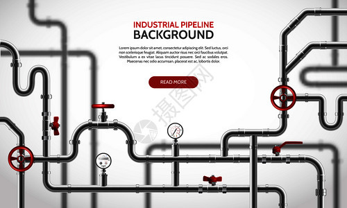 工业钢管道与红色水龙头现实背景矢量插图图片