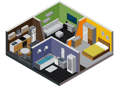 两室公寓与厨房浴室卧室客厅等距矢量插图两室公寓理念图片