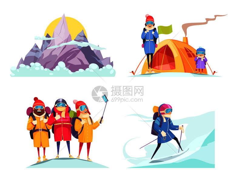 登山卡通4广场与高山登山者帐篷自拍顶部矢量插图