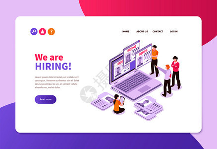 等距求职招聘横幅网站页与笔记本电脑应用程序表人与文本矢量插图图片