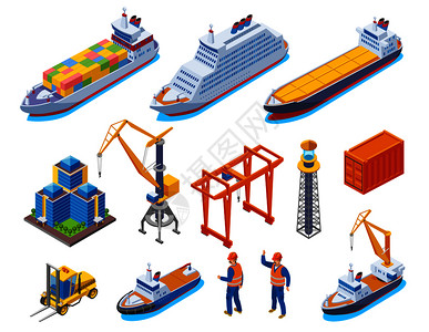 海港彩色等距图标与船只,重机,船舶工人矢量插图海港等距图标背景图片