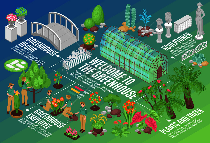等距流程图与植物花卉生长温室装饰植物园三维矢量插图图片