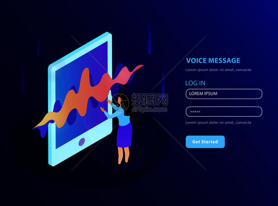 语音信息登陆页与妇女用她的智能手机收听语音信息等距矢量插图图片