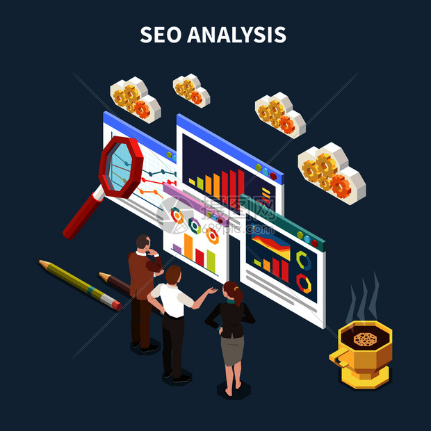 等距网络seo成与seo分析标题三位同事研究抽象统计向量插图图片