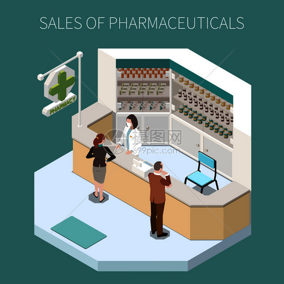 药品生产成与药品销售标题药房角落矢量插图图片