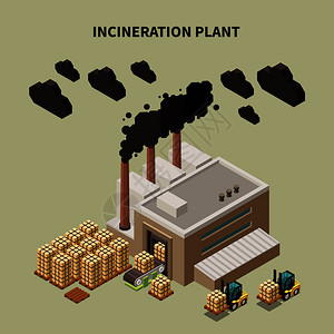 彩色垃圾回收合与焚烧厂标题隔离仓库建筑矢量插图图片