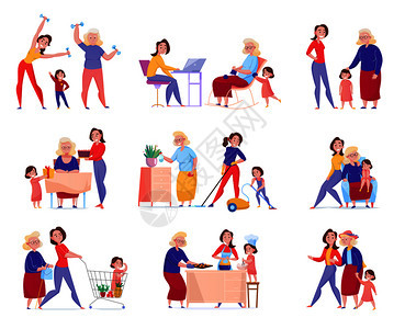 平妇女,代祖母,母亲,女儿图标与家庭瞬间矢量插图女代奶奶母女图标图片