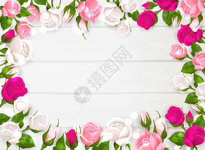母亲日框与粉红色,白色紫红色的玫瑰白色木制背景矢量插图图片