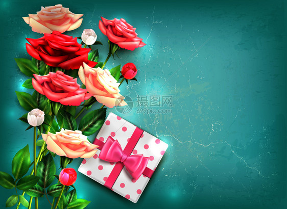 母亲节平与美丽的玫瑰花礼物与大粉红结矢量插图图片