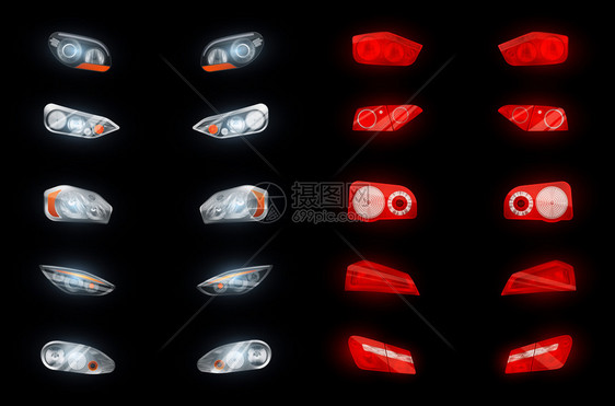 十个真实的汽车前照灯十个发光刹车灯隔离图像黑暗背景矢量插图图片