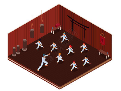 健身房进行武术课程的儿童三维等距矢量插图图片