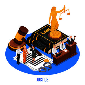 法律正义等距构图与黄金雕像的法律书上与人类人物矢量插图图片