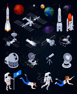 探索图像与现实的火箭,人造卫星行星与人类字符矢量插图图片