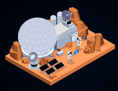 太空探索等距成与块外星地形人类制造的建筑物与宇航员人物矢量插图图片