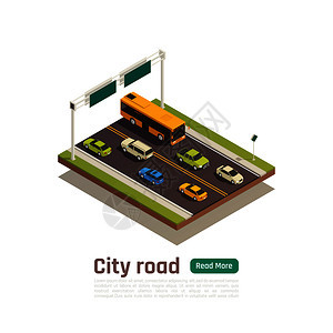 彩色等距城市作文与城市道路标题阅读更多绿色按钮矢量插图图片