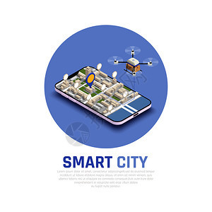 彩色智能城市等距构图与三维抽象无人机智能手机矢量插图图片