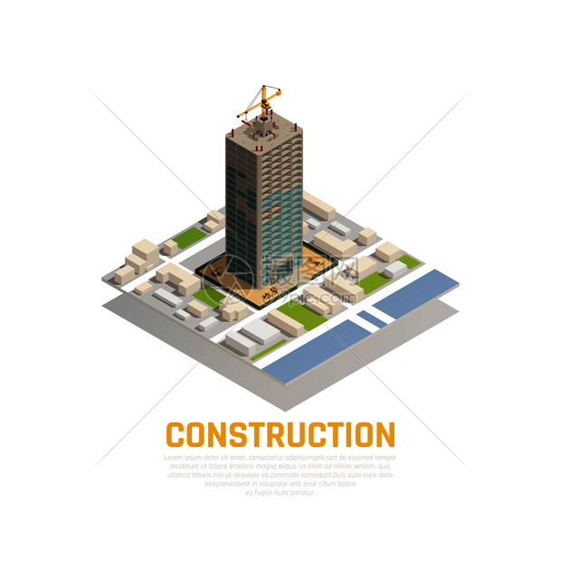 彩色等距建筑构图与城市中心矢量图中塔的构造图片