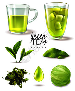 现实的绿茶冰集与成熟的叶子杯冰淇淋勺矢量插图的孤立图像图片