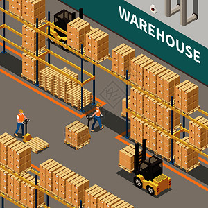 仓库货架与纸板箱叉车两名工人三维等距隔离矢量插图图片