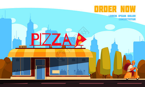 彩色平板比萨饼店户外构图与订单现标题比萨饼商店矢量插图图片