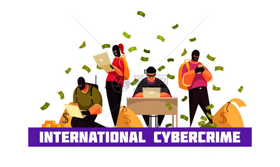 平黑客成与国际网络犯罪标题钞票飞来飞的盗窃者矢量插图图片
