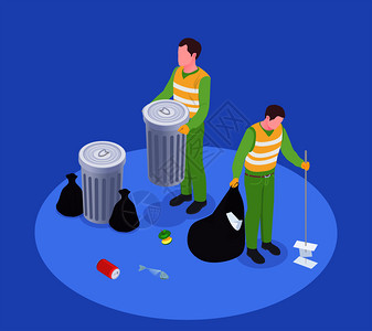 垃圾废物回收等距成与露的人类特征的拾荒者与垃圾桶刷子矢量插图图片