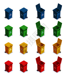 垃圾废物回收等距集与16个垃圾箱图像与同的颜色代码矢量插图图片