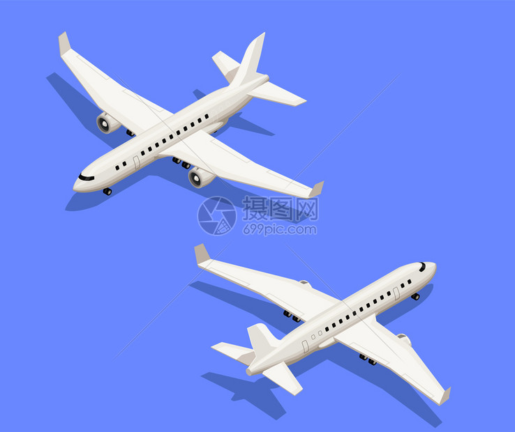 机场等距成与孤立图像的喷气推进飞机两个同的角度与阴影矢量插图图片