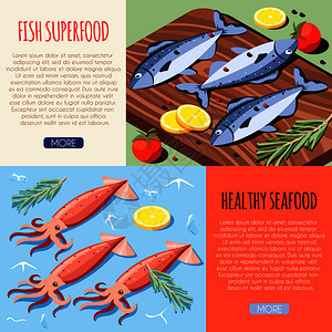 鱼类超级食物健康海鲜水平横幅与新鲜鱼类鱿鱼等距图标矢量插图图片