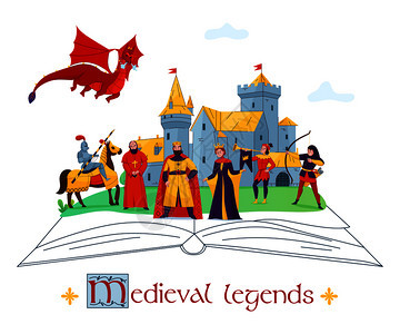 中世纪传奇故事故事平彩色构图与城堡王国人物开放式图书矢量插图图片
