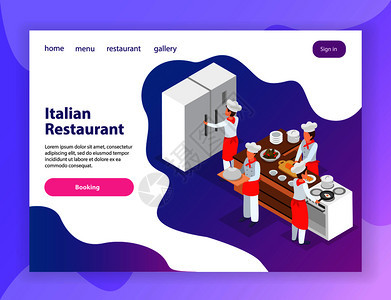 意大利餐厅网站等距着陆页与厨师烹饪各种菜肴厨房三维等距矢量插图图片