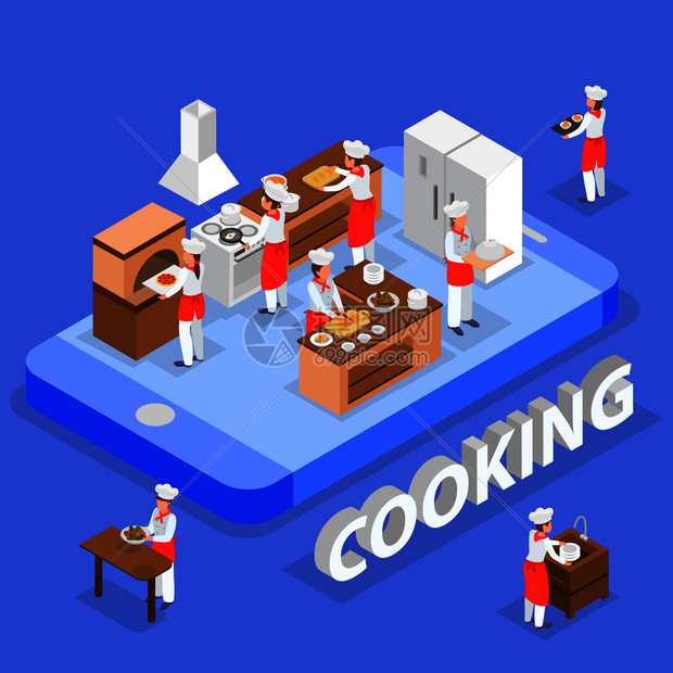 烹饪送货等距成与厨房工作人员内部智能手机3D矢量插图图片