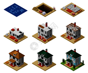 房屋建设阶段绘图成品建筑等距图标矢量插图图片