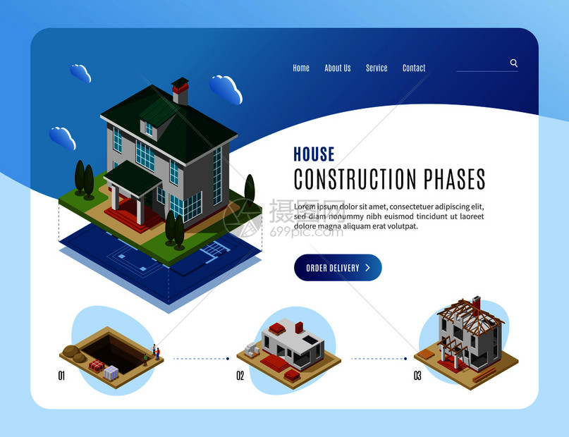 房屋建设阶段广告登陆页模板为网站等距矢量插图图片