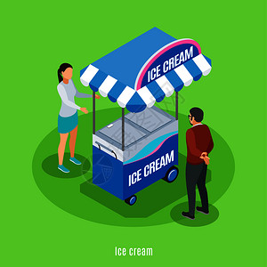 汽车 食物冰淇淋等距背景与卖方买方站附近的街车与甜蜜的冷冻食品矢量插图插画