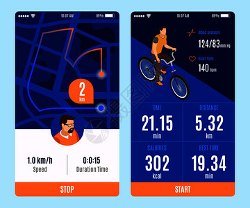 两种变体的自行车骑移动应用程序与开始停止按钮持续时间距离卡路里速度参数等距矢量插图图片