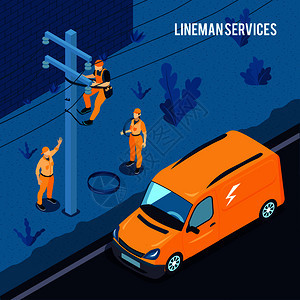 电工电力线路技术人员队户外工作与直线员高压输电电缆维修服务矢量插图图片