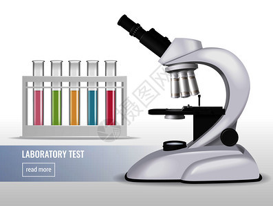 真实的显微镜成与实验室试管,五颜六色的液体可编辑的文本与阅读更多的按钮矢量插图图片