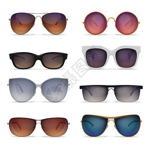 八个太阳镜现实图像与太阳护目镜模型的同形状颜色矢量插图图片
