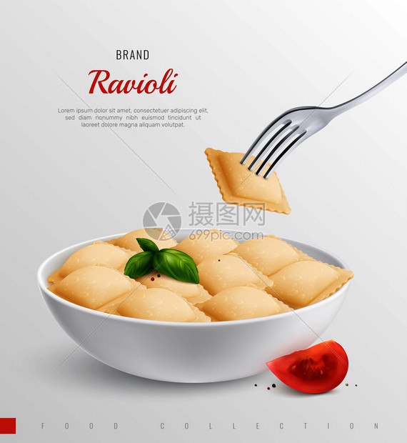 盘子里的馄饨传统的民族菜意大利菜单现实的构图矢量插图图片