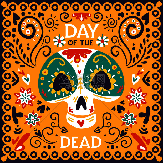 墨西哥死亡节日庆祝日,明亮的金黄色装饰海报与头骨具抽象矢量插图图片