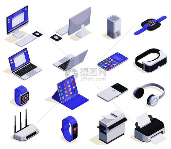 现代设备等距图标收集与16个图像计算机周边各种消费电子矢量插图图片