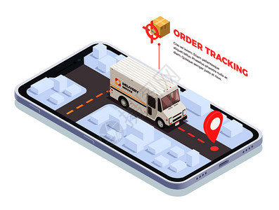 送货物流运输等距成与智能手机屏幕送货卡车与包裹文本矢量插图图片